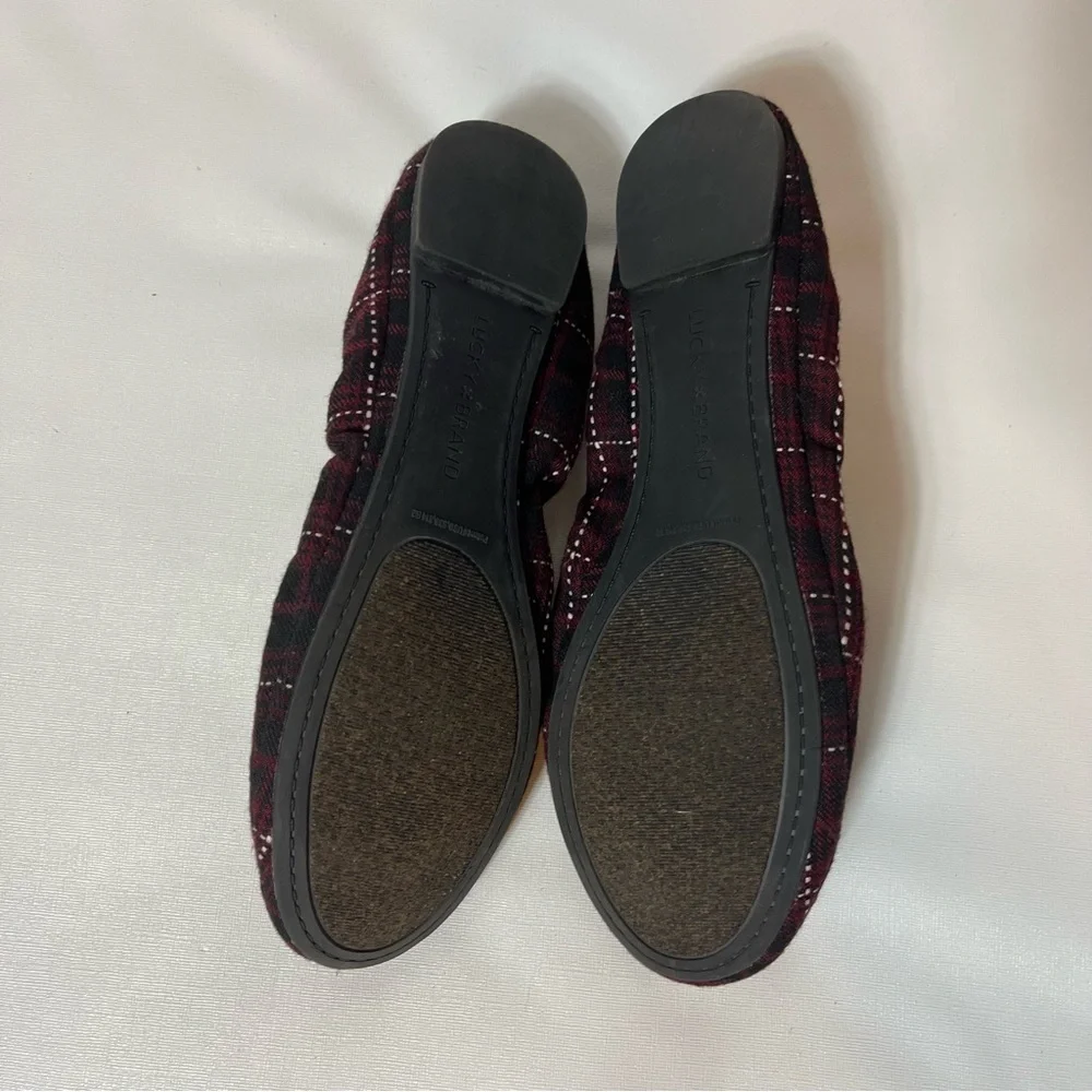 Lucky Brand Erin Plaid Ballet Flats Slip On Burgundy/blk/wht Fabric Shoes Sz 8M